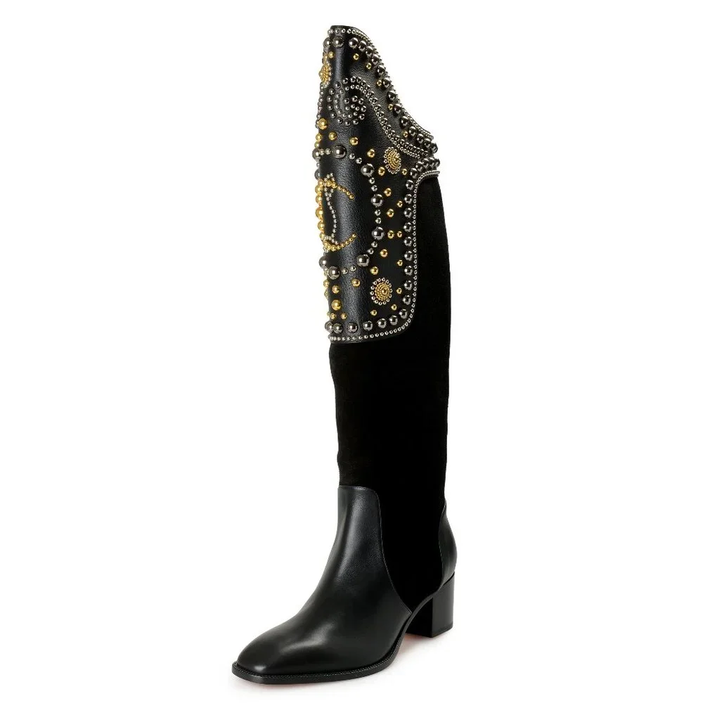 Christian Louboutin Black Over-the-Knee Boot with Gold Stud Detailing